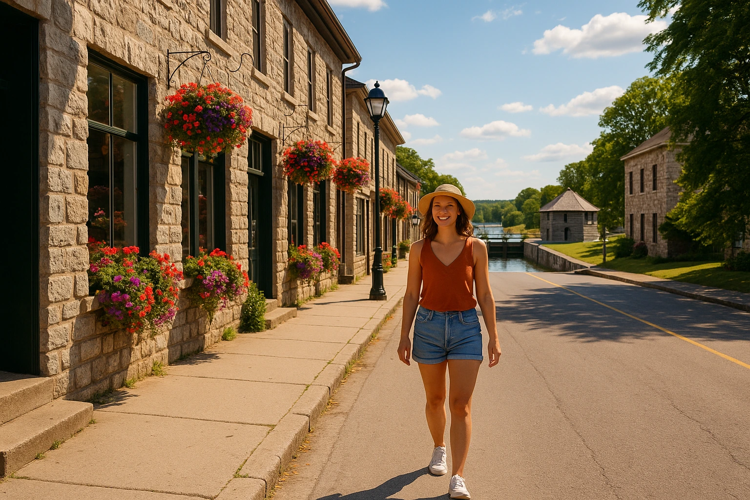 A smiling woman walking along the historic stone main street of Merrickville, Ontario, with the Rideau Canal lock in the background