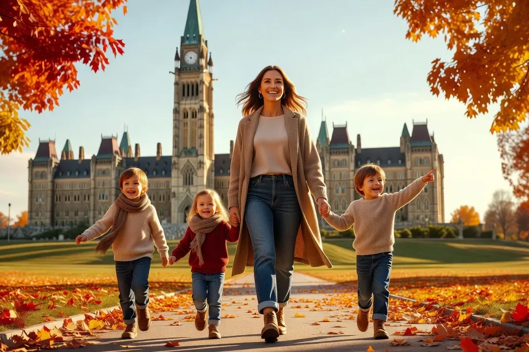 A large family with several children walking together near Parliament Hill in Ottawa