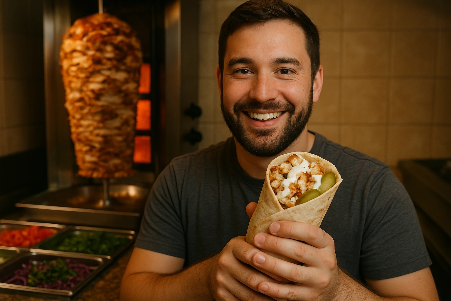 A smiling man holding a large chicken shawarma wrap at a counter-service restaurant with a vertical rotisserie behind the counter