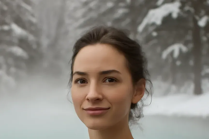 A woman relaxing at an outdoor thermal spa pool near Ottawa with snow on the surrounding trees